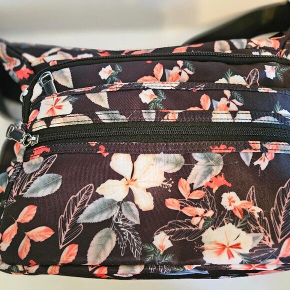 Black nylon w/ floral design shoulder bag w/ multiple pockets/compartments. - Picture 3 of 7